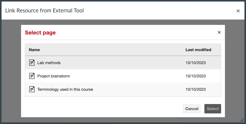 A screenshot of the Canvas Page picker in Hypothesis with several Pages listed and the "Select" button grayed out.
