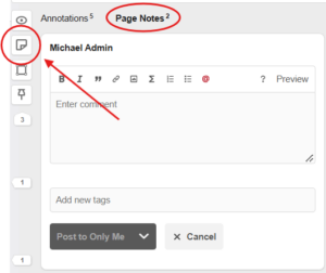 An image of an open Page Note Card. One red circle and arrow is highlighting the New Page Note button, and another red circle is highlighting the Page Notes bucket at the top of the Sidebar.