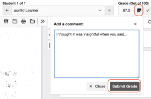 New Hypothesis grading bar with the comment button circled, the comment field open with teacher text in it, and the comment submit button circled