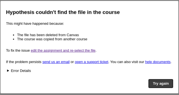 Canvas error "Hypothesis couldn't find the file in the course"