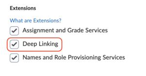 Screenshot of D2L settings with "Deep Linking" enabled