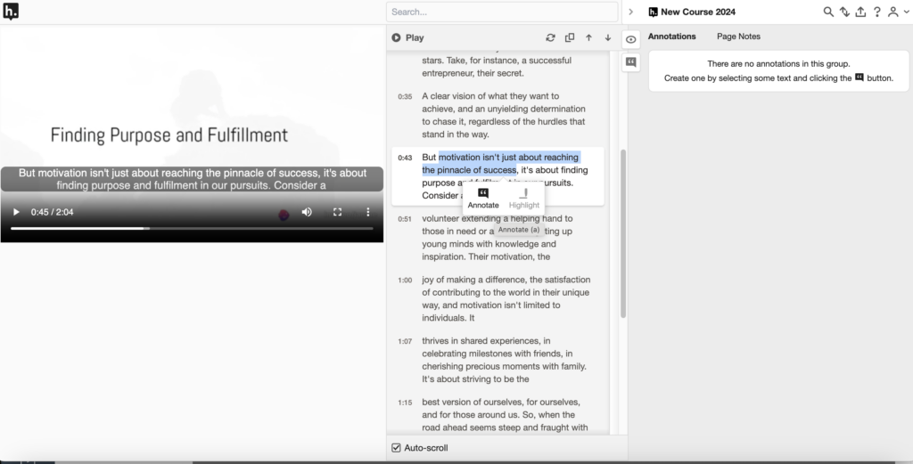 A screenshot of a Hypothesis assignment using Canvas Studio-saved audio. On the left have side of the screen an audio player appears with the title of the sound file and a play bar appearing. In the middle of the screen is a transcript of the audio as provided by Canvas. Some of the text here has been selected by the cursor and the Hypothesis Adder (with two buttons, "Annotate" and "Highlight" visible). On the right side of the screen is the Hypothesis Sidebar, currently with no annotations.