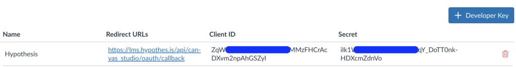 A screenshot showing the developer key, client ID and secret