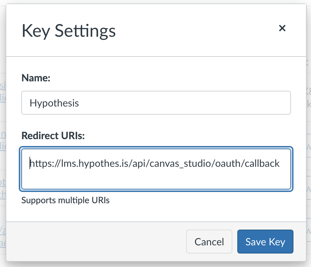 Key Settings Dialog box with the Name and redirect URI filled out.