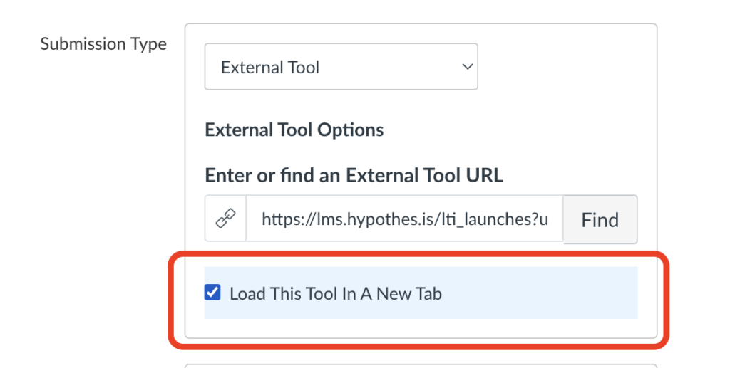 A screenshot of the Submission Type section of the Canvas Edit Assignment page. The Submission Type is "External Tool" and the "Load This Tool In A New Tab" checkbox is checked off, with the checkbox circled for emphasis.