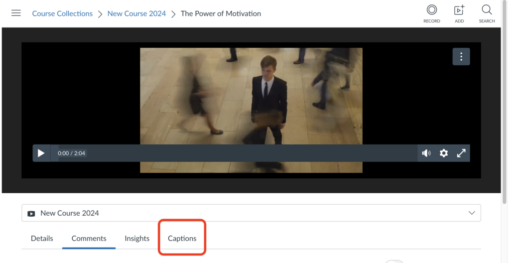 A screenshot of a video in a Course Collection inside Canvas Studio. The video is displayed in the middle of the screen. Below it are tabs that say "Details", "Comments", "Insights", and "Captions". The last of these is circled.