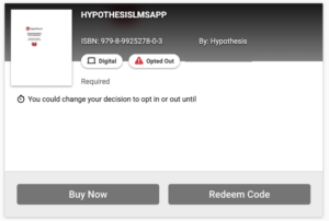 A view of the Hypothesis LMS app license viewed in VitalSource. Below a description of the app, there are two buttons: