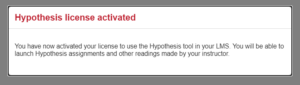 A screenshot of the Hypothesis message you see when redeeming a license through VitalSource. The message is titled 
