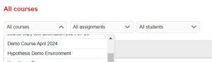 The image shows the All courses View in the LMS Dashboard, with the title of the page saying "All courses". Below the title are three filters: a Course filter (set to "All courses", an Assignment Filter (set to "All assignments"), and a Student Filter (set to "All students"). The Course Filter is open, exposing a list of course names.