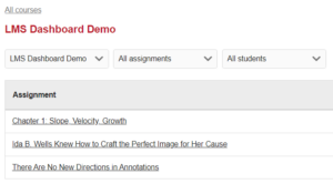 The image shows the Course View in the LMS Dashboard. The currently-viewed course says "LMS Dashboard Demo". Above that title is a link to "All courses". Below the course title are three filters: a Course filter (set to the course title, an Assignment Filter (set to "All assignments"), and a Student Filter (set to "All students"). Visible below the filters is a column of assignment names with the column title being "Assignment". 