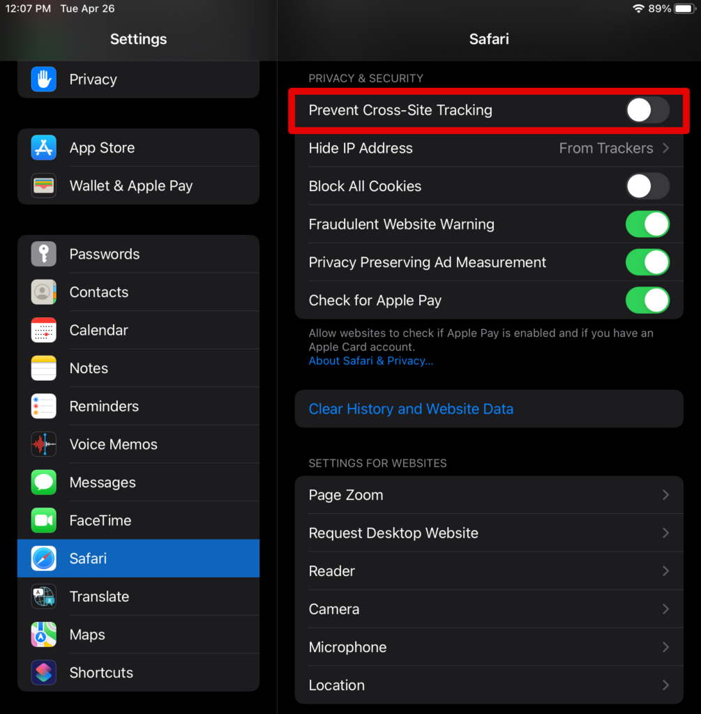 Safari privacy dialog in iOS with the setting 'Prevent cross-site tracking' disabled. 