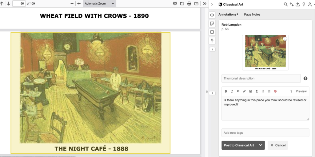 It shows the annotation card in the Hypothesis sidebar displaying a preview of the selected area using the rectangle selection tool along with the field to enter an annotation.