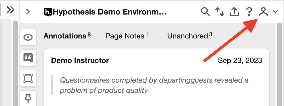 Hypothesis sidebar with the account icon being pointed at