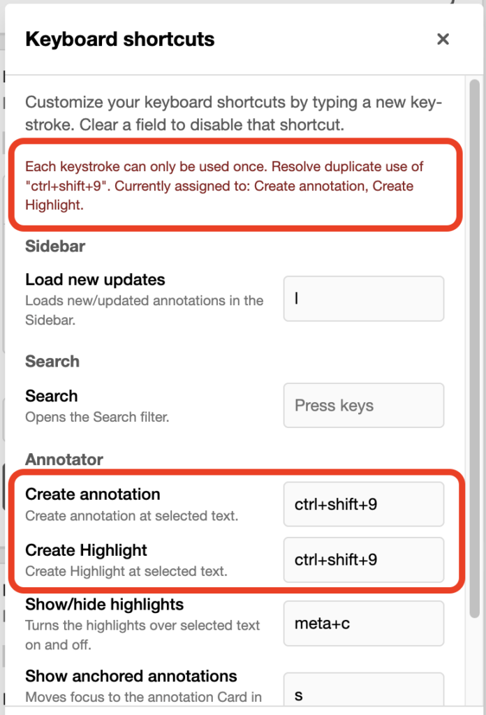 keyboard shortcut modal showing two actions with the same shortcut