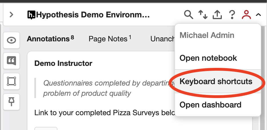 Hypothesis sidebar showing the account option expanded and the keyboard shortcuts encircled