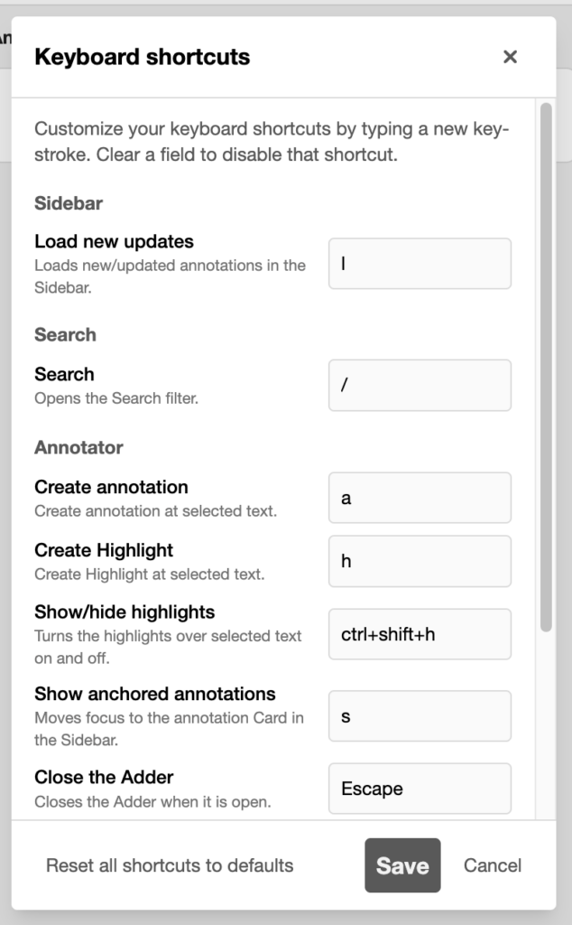 keyboard shortcut modal showing different actions and corresponding shortcuts