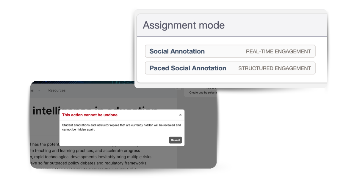 Screenshot of the Hypothesis assignment mode selector showing "Social Annotation" and "Paced Social Annotation" options, with a confirmation dialog for revealing hidden student annotations.