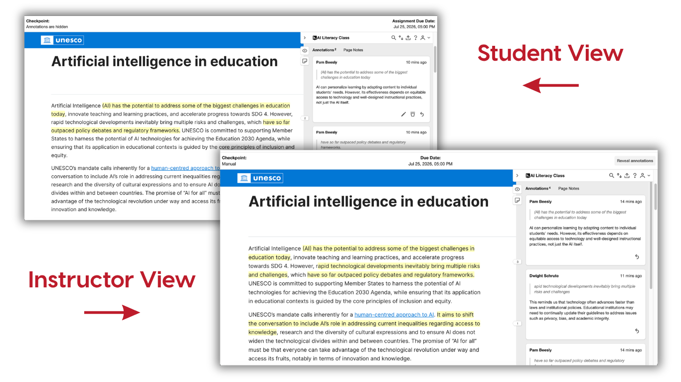 Side-by-side comparison of instructor and student views in Paced Social Annotation, showing a reading assignment with annotations hidden behind a checkpoint until the instructor reveals them.