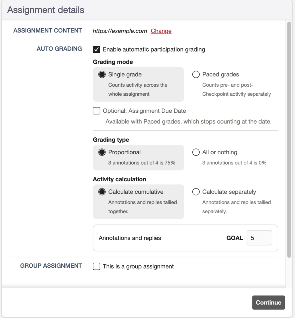 dialog showing the settings available for Single Grades