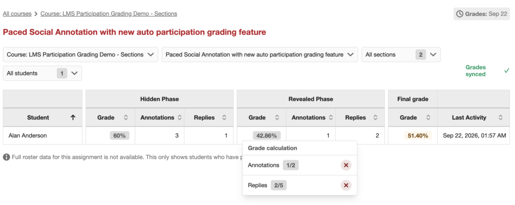 image showing how paced grades appear in the LMS dashboard