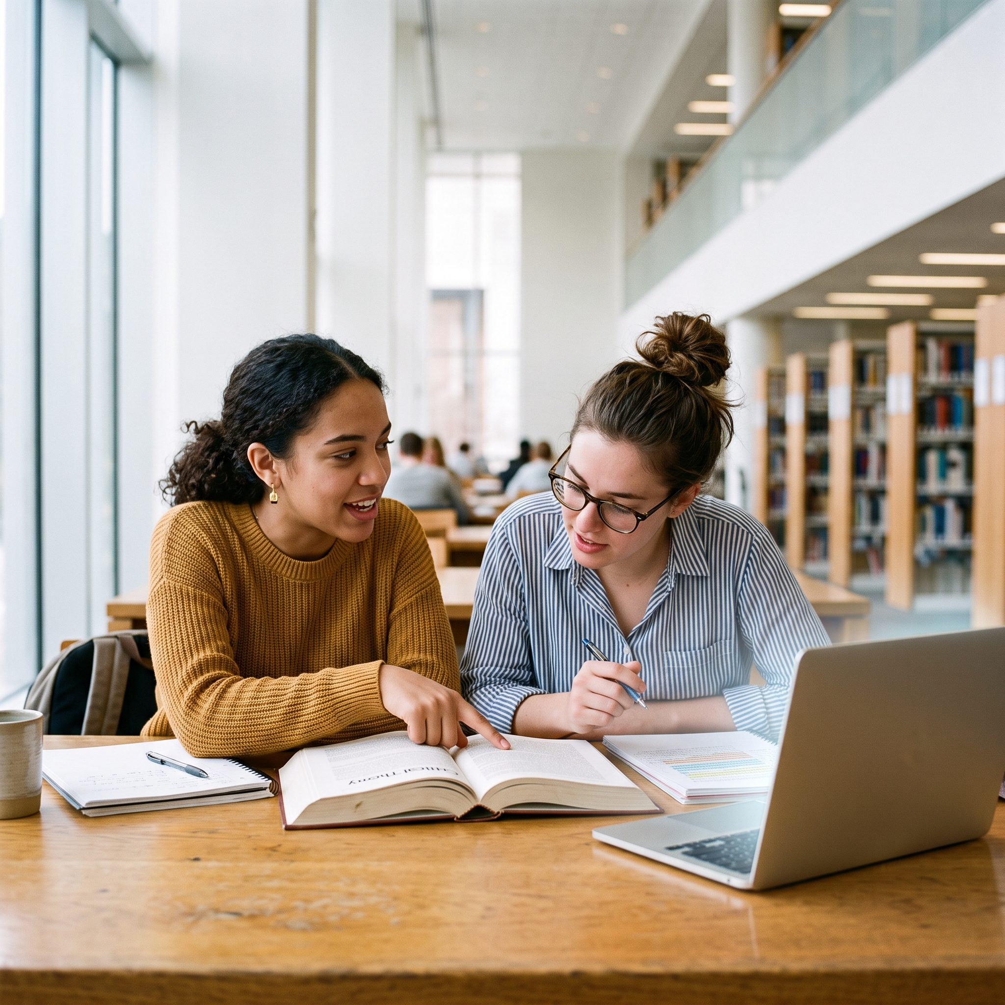 Two students at a library table discussing an annotated reading, with an open laptop nearby