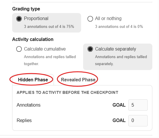 image showing the settings for paced grades with the hide and reveal grades encircled