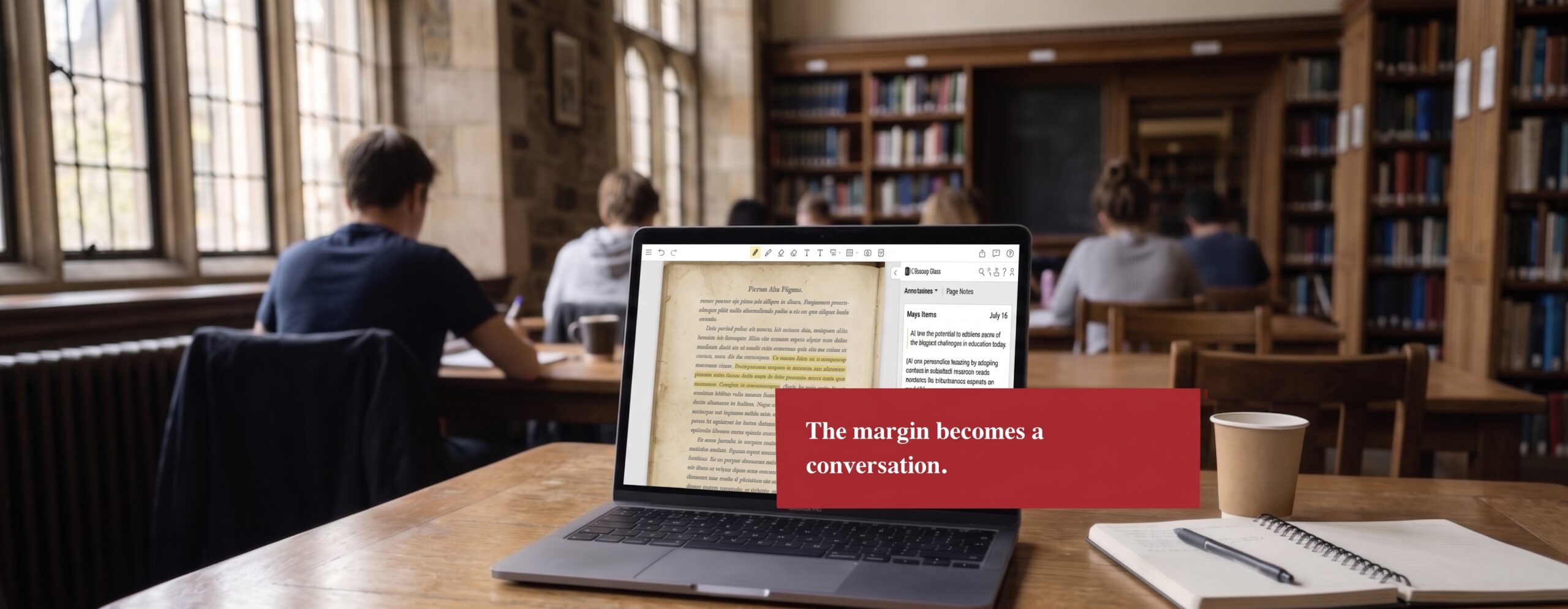 Student reading in a library with a laptop showing social annotation