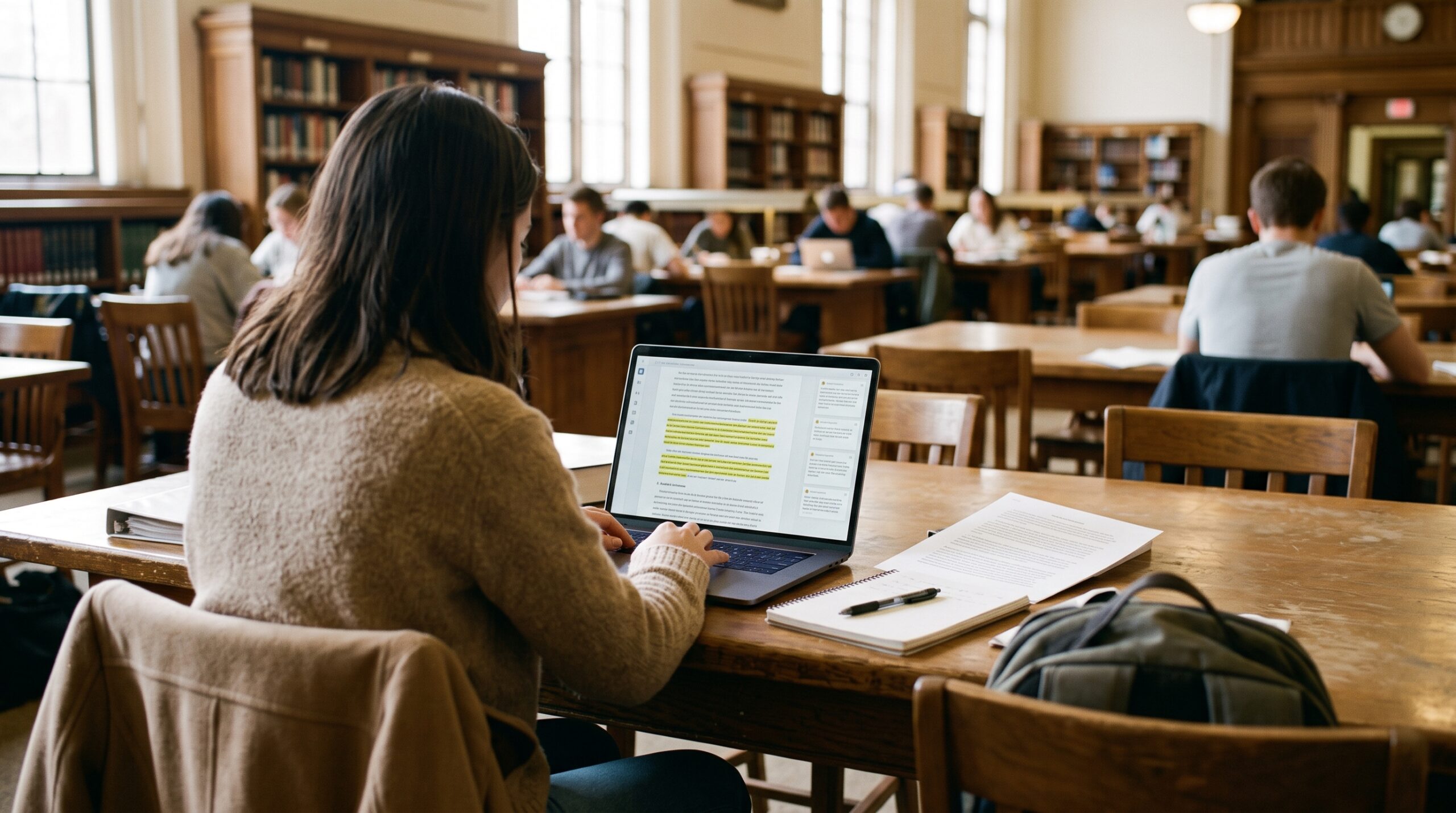 College student annotating an academic reading as part of a visible learning and assessment process in the age of AI.
