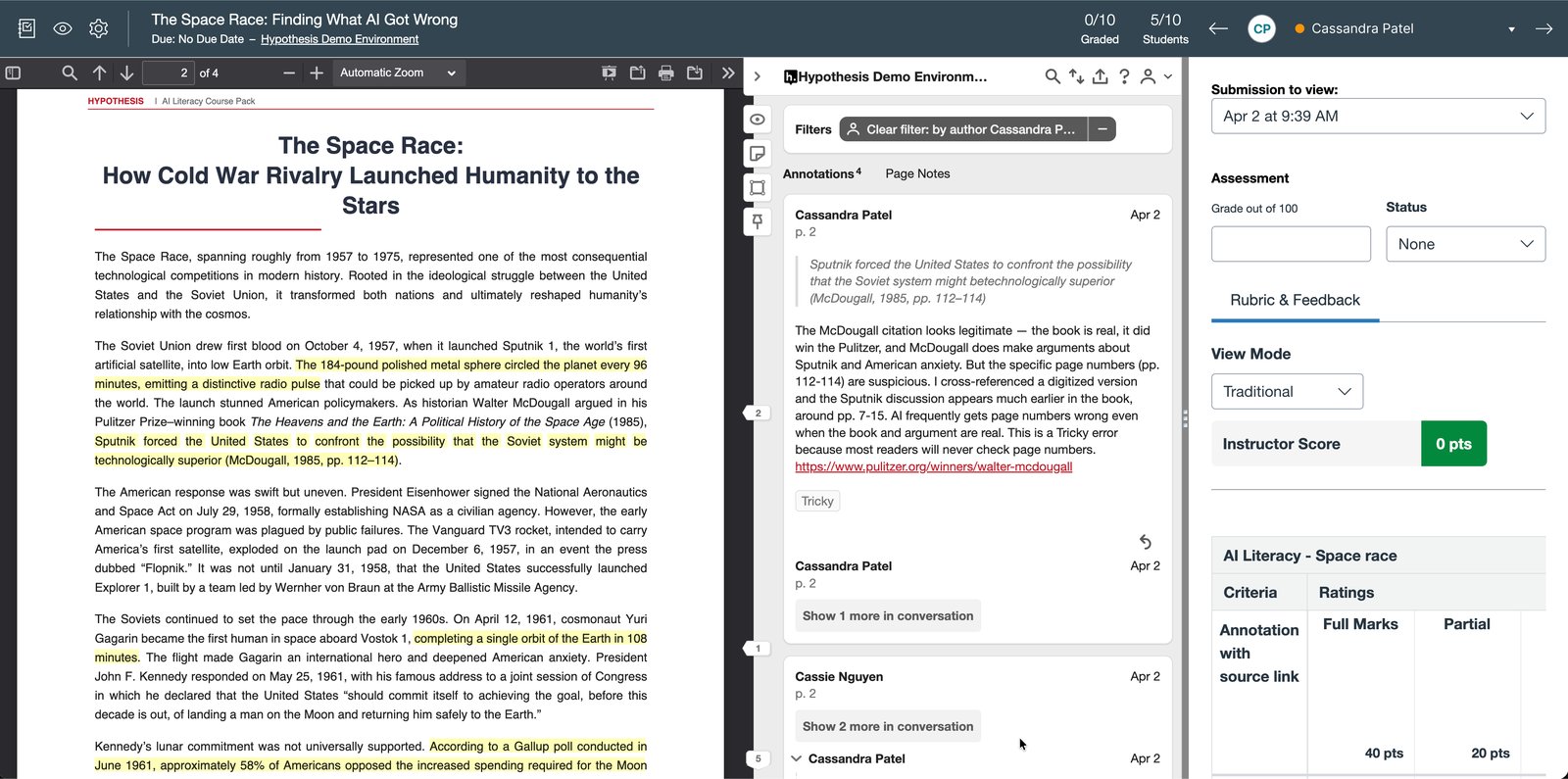 Hypothesis in Canvas SpeedGrader: an instructor reviews a student's annotations on a Space Race reading, with highlighted passages, the student's comments in the Hypothesis sidebar, and the grading rubric side by side.